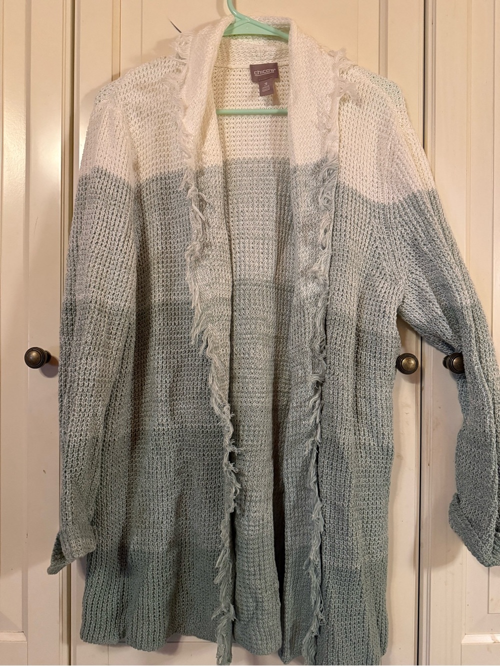 Chico's White to Light Green Ombre Open-Front Cardigan